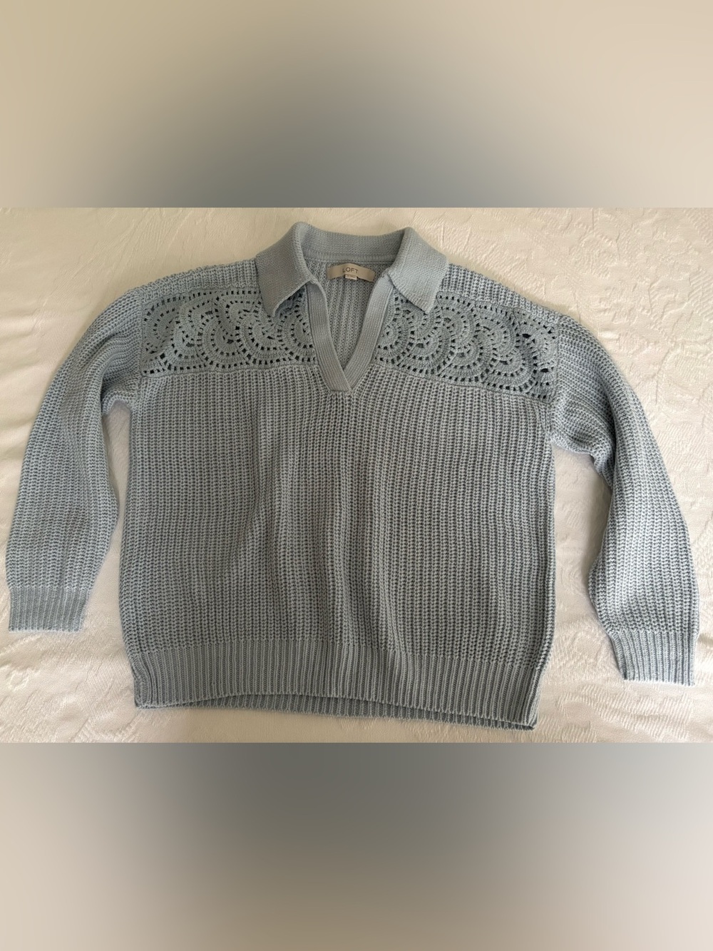 LOFT Light Blue V-Neck Crochet Yoke Sweater